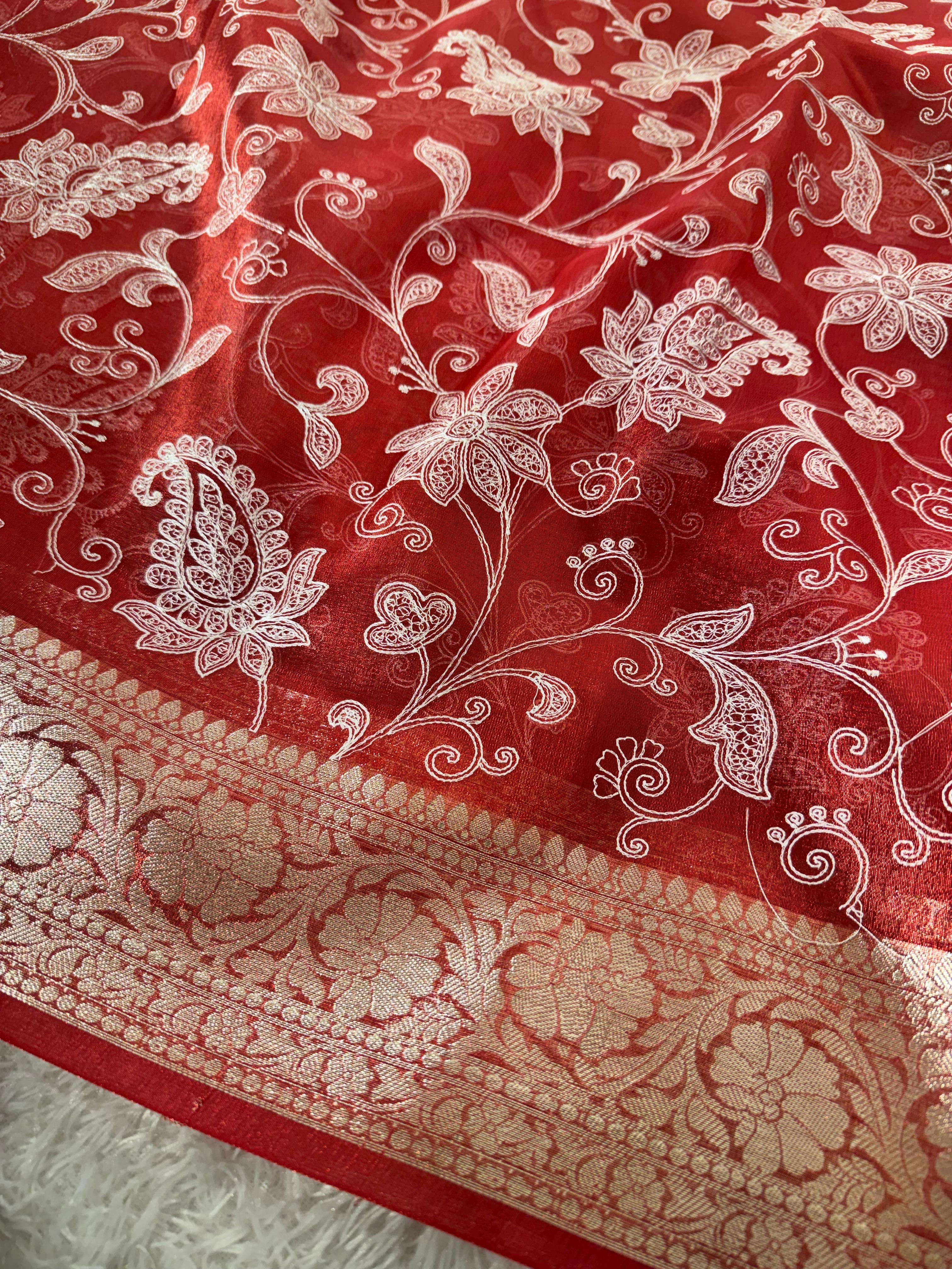 Premium Banarasi Tissue Silk Chikankari Embroidery Work Saree