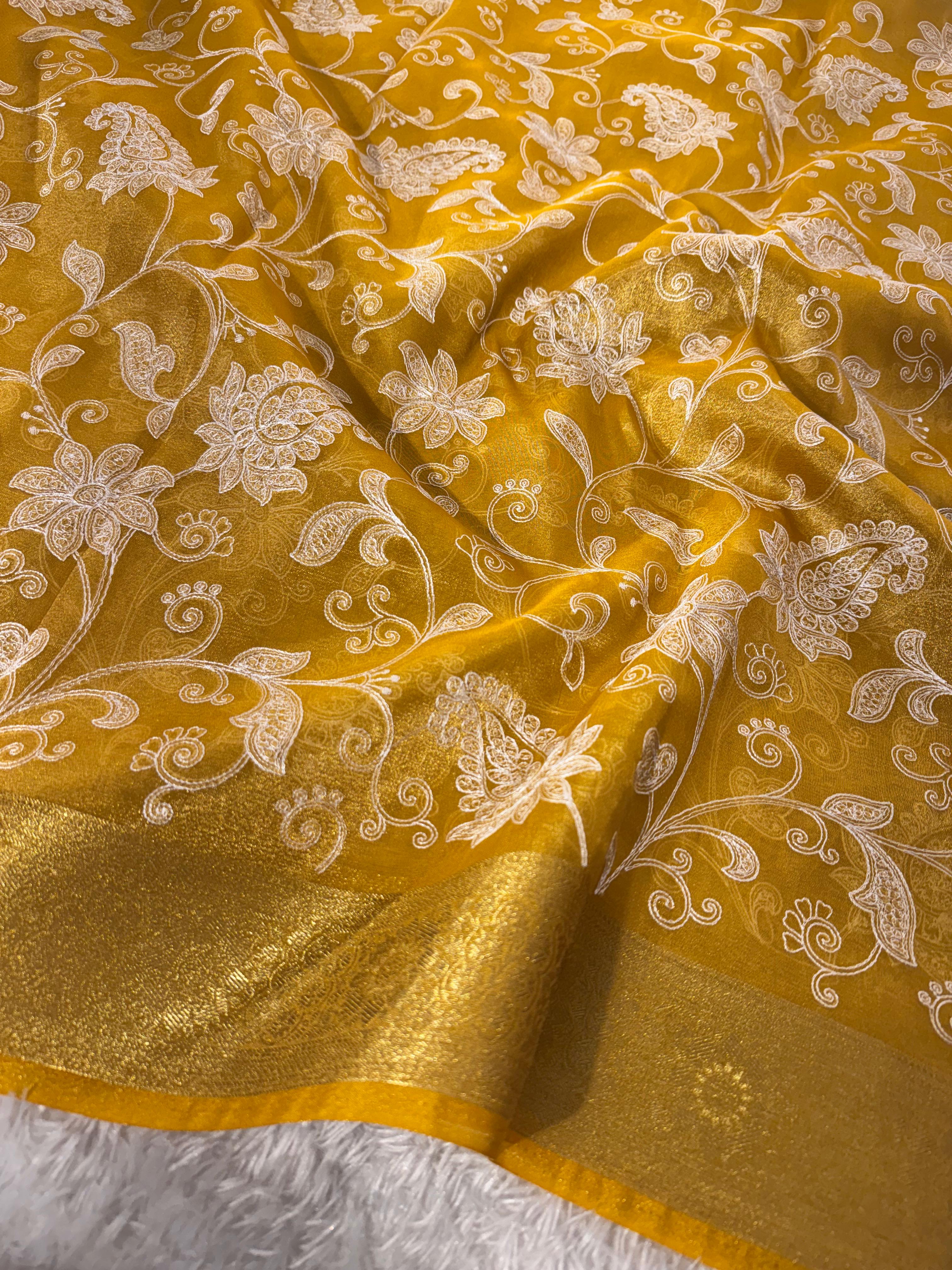 Premium Banarasi Tissue Silk Chikankari Embroidery Work Saree