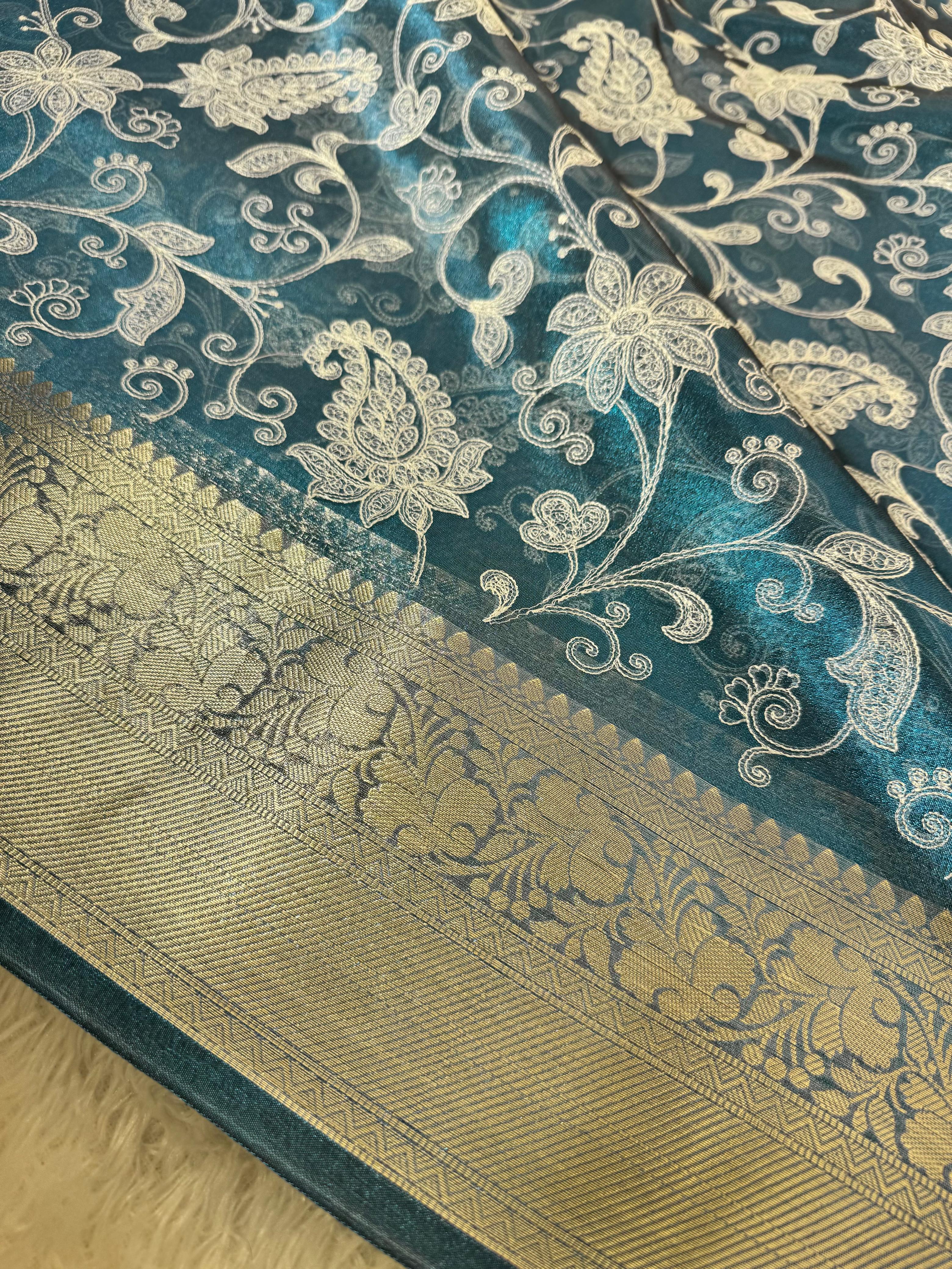 Premium Banarasi Tissue Silk Chikankari Embroidery Work Saree