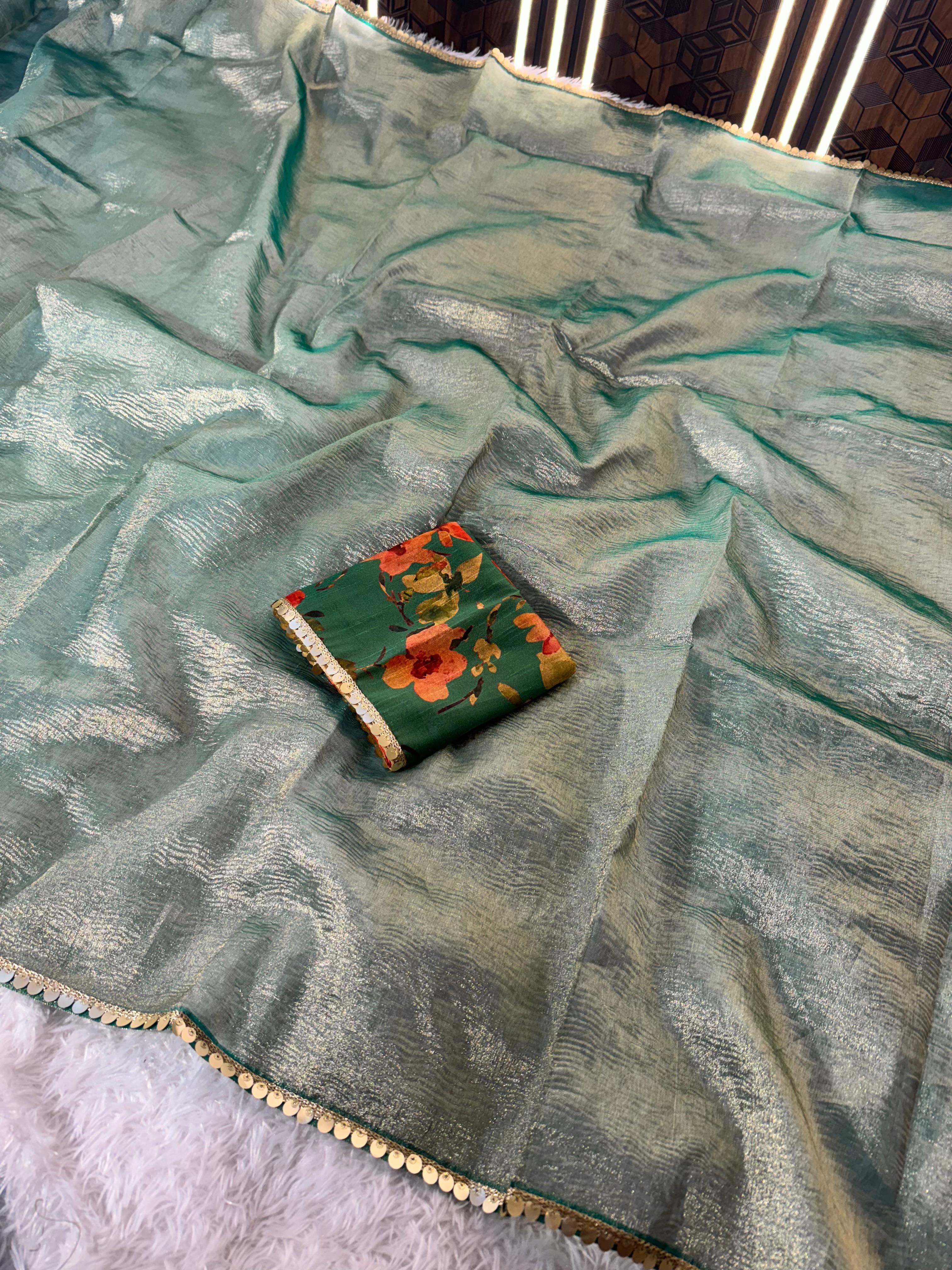 Tissue Silk Saree with Designer Lace and Crush Pattern