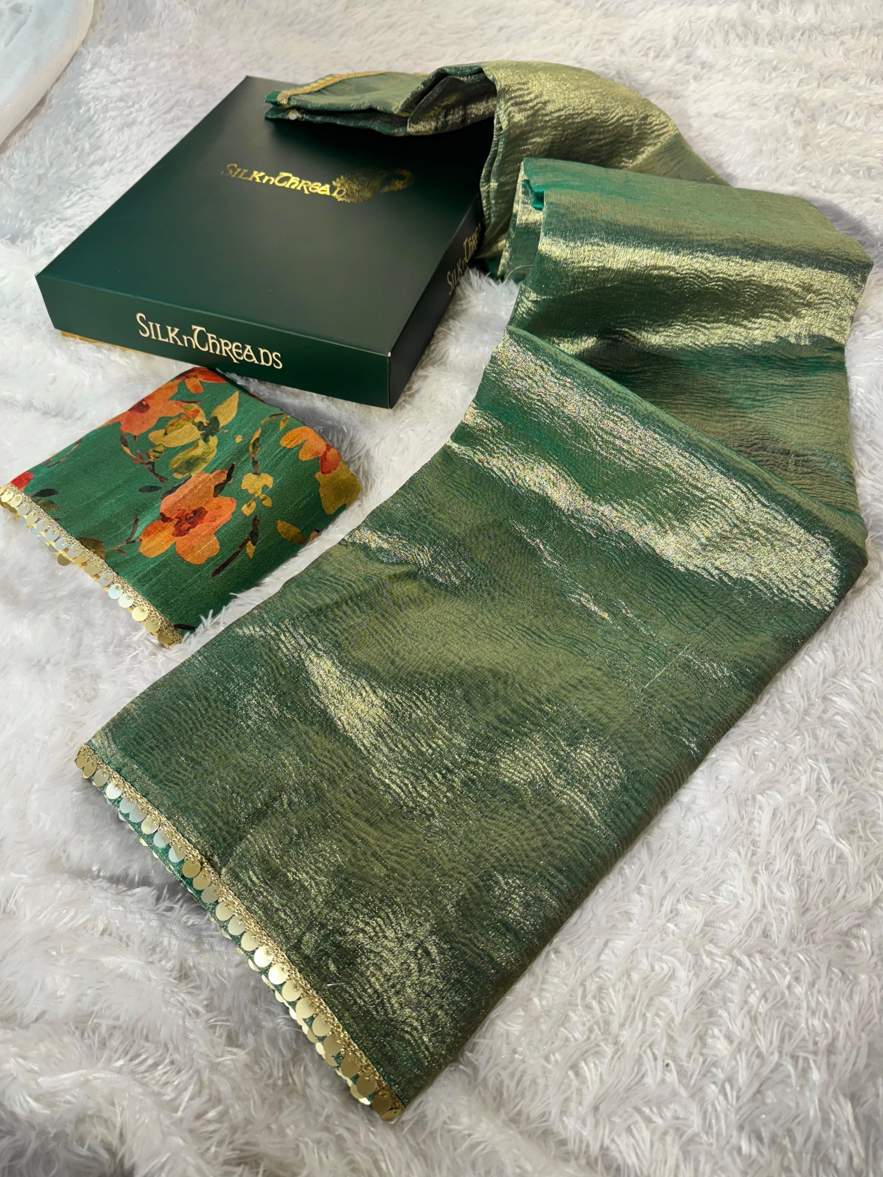 Tissue Silk Saree with Designer Lace and Crush Pattern