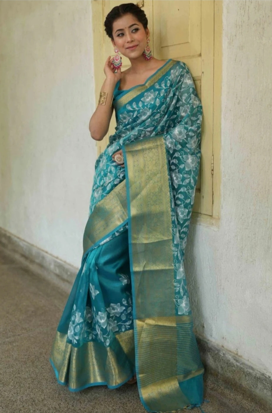 Organza Silk Chikankari Resham Embroidery Work Saree