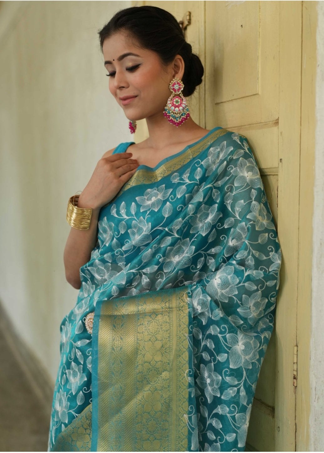 Organza Silk Chikankari Resham Embroidery Work Saree