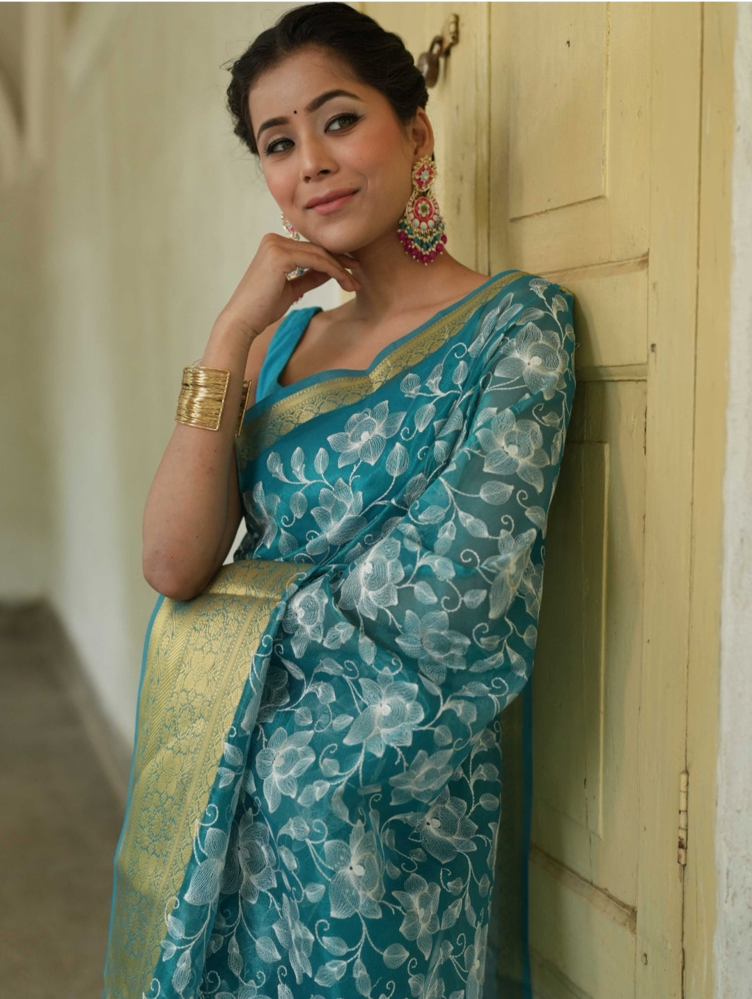 Organza Silk Chikankari Resham Embroidery Work Saree