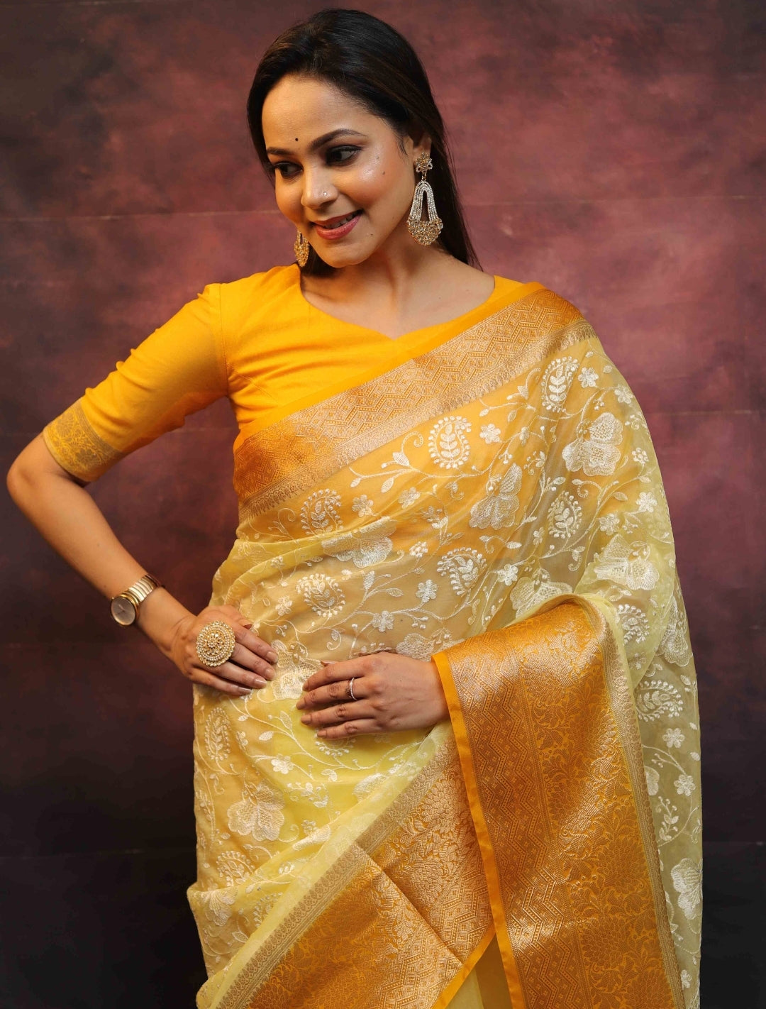 Organza Silk Chikankari Resham Embroidery Work Saree