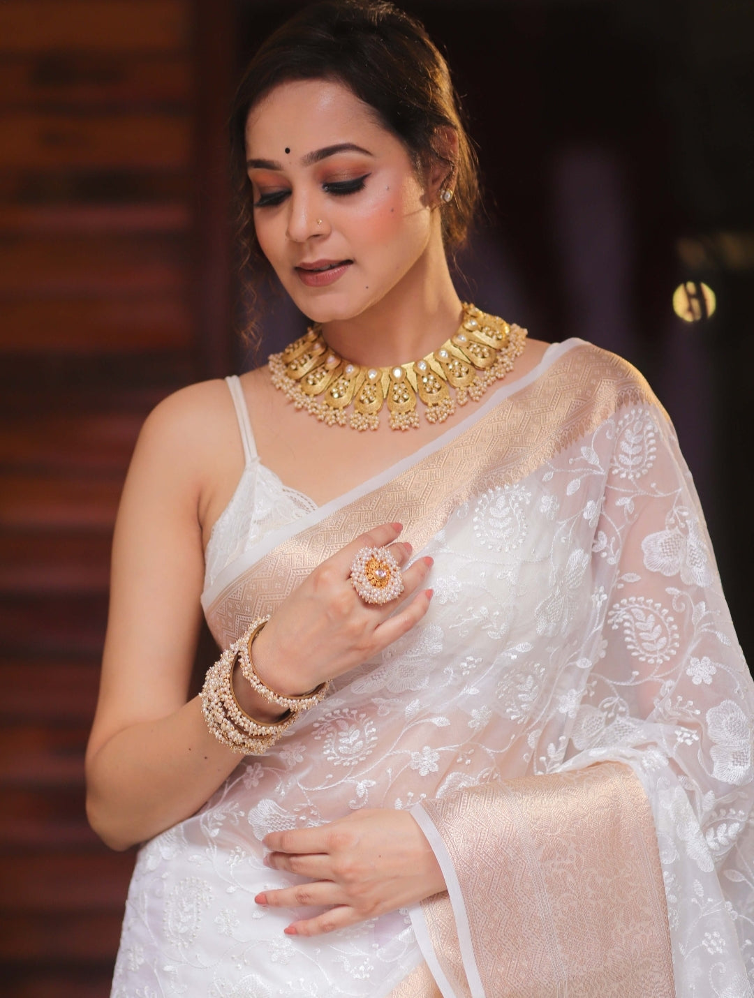 Organza Silk Chikankari Resham Embroidery Work Saree