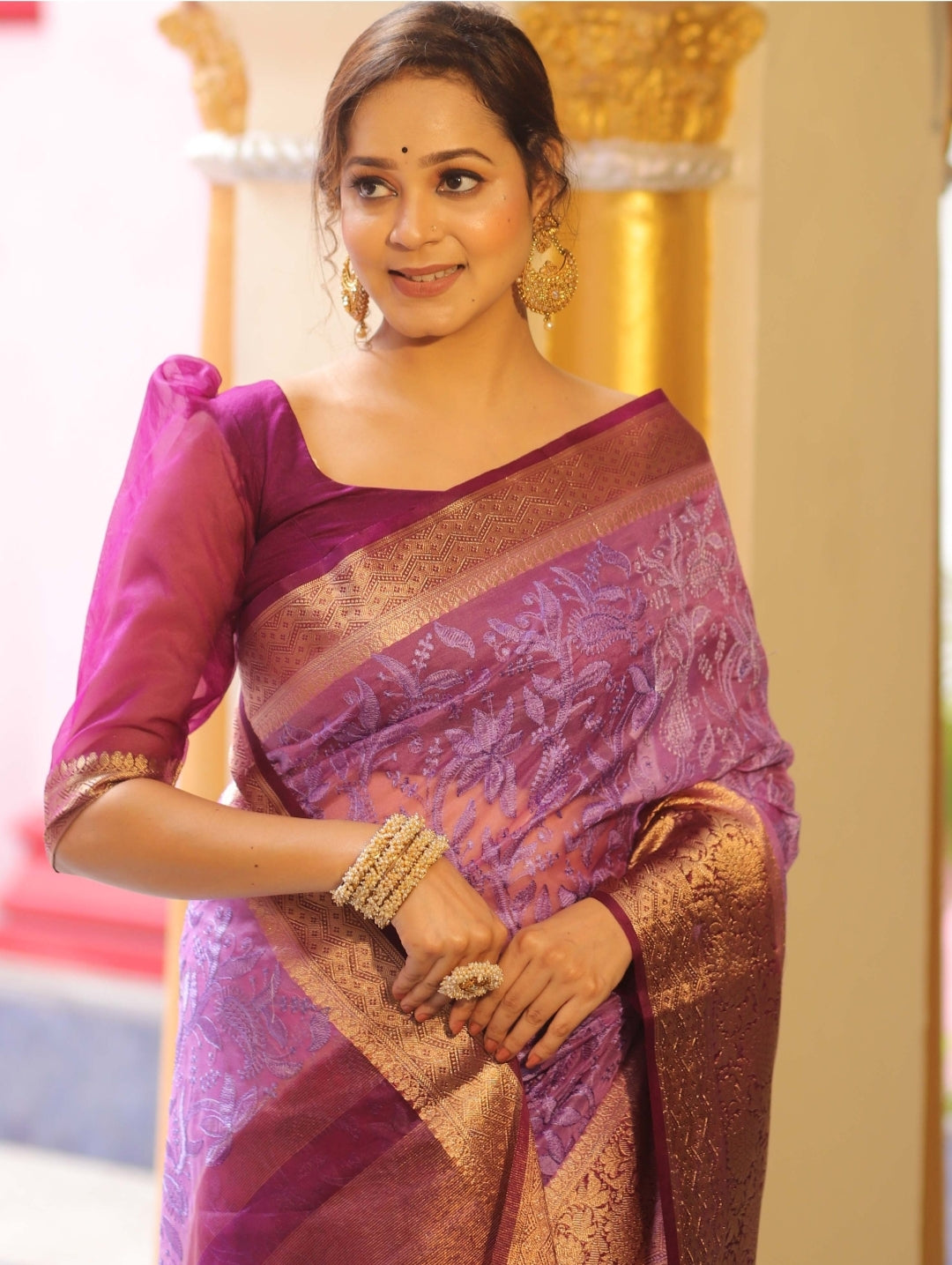 Organza Silk Chikankari Resham Embroidery Work Saree