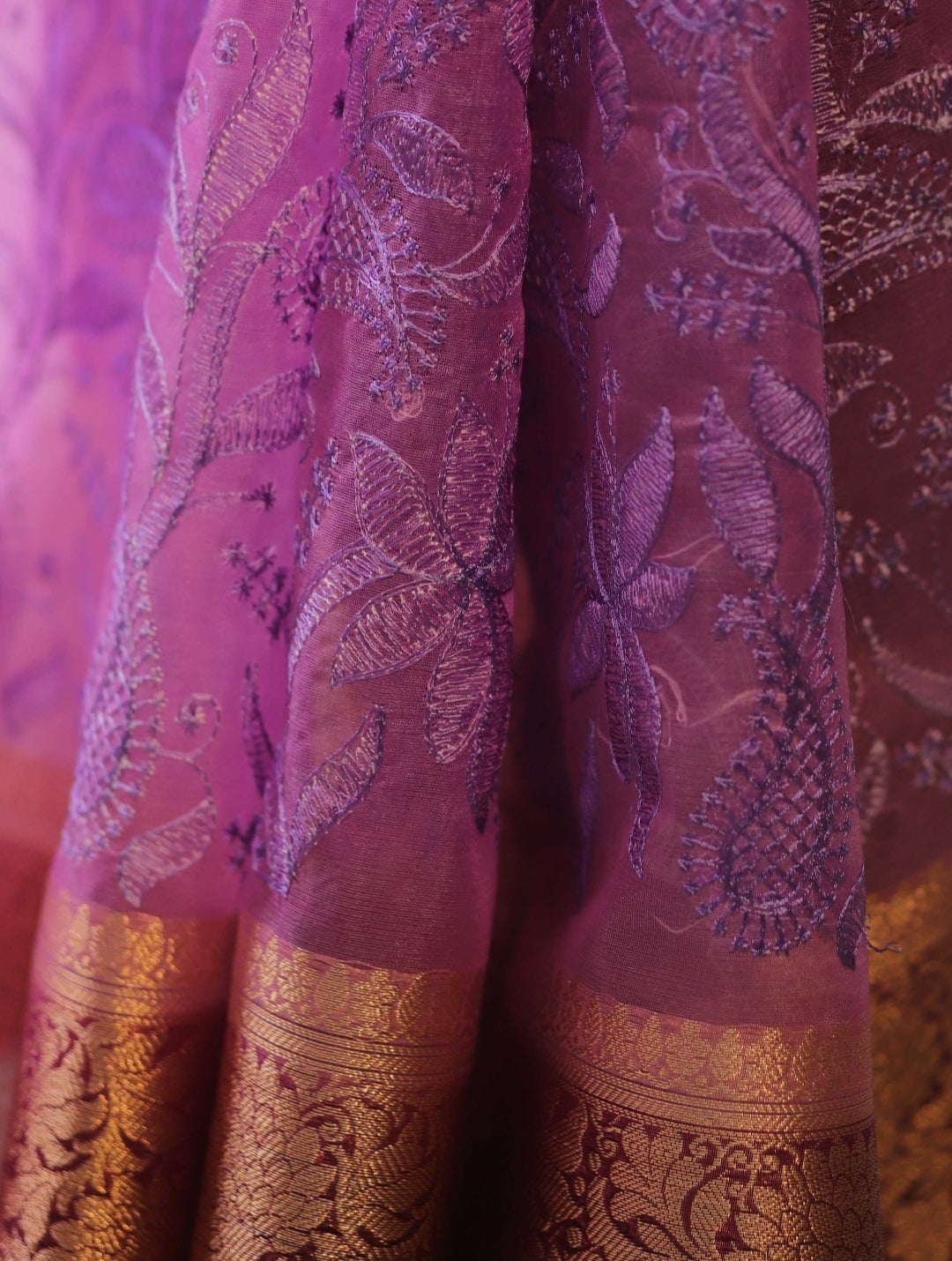 Organza Silk Chikankari Resham Embroidery Work Saree