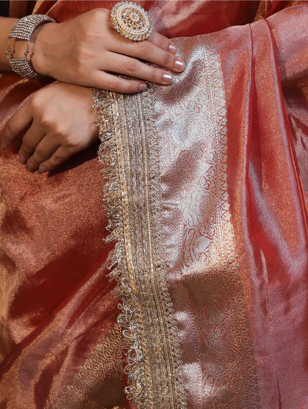 Banarasi Tissue Silk Sequence Zari Lace Saree With Dual Tone Pattern