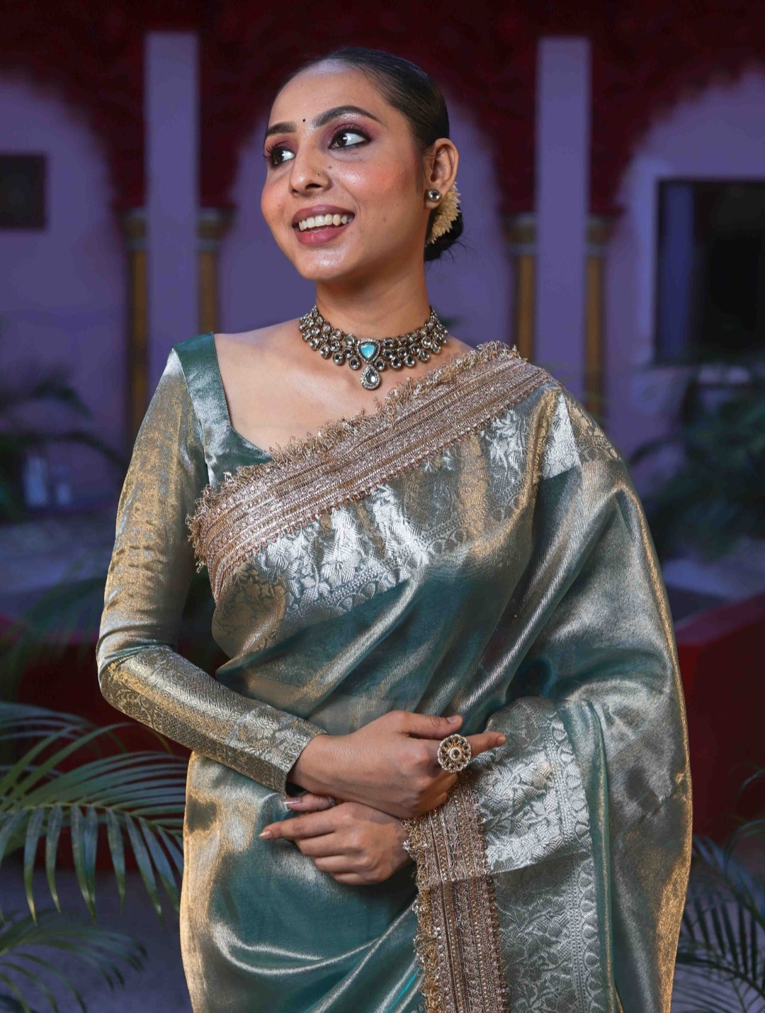 Banarasi Tissue Silk Sequence Zari Lace Saree With Dual Tone Pattern