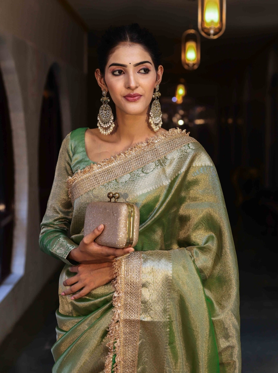 Banarasi Tissue Silk Sequence Zari Lace Saree With Dual Tone Pattern