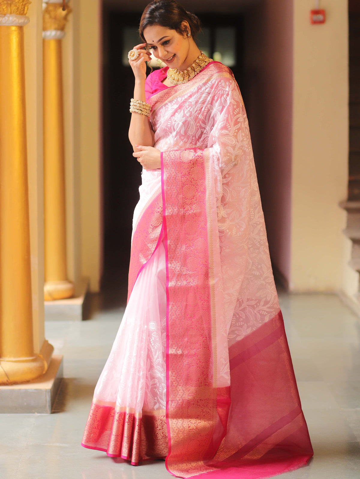 Organza Silk Chikankari Resham Embroidery Work Saree